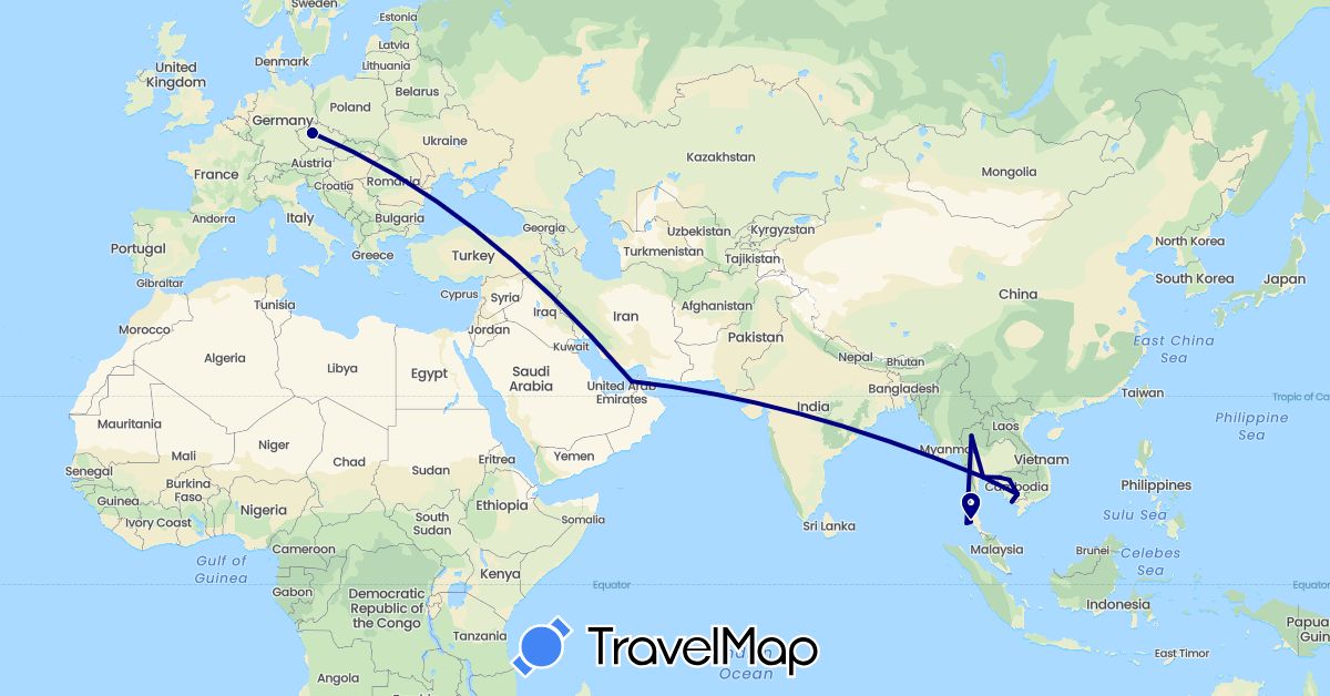 TravelMap itinerary: driving in United Arab Emirates, Czech Republic, Cambodia, Thailand (Asia, Europe)